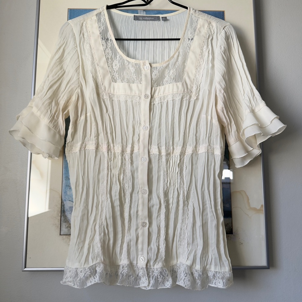 Cottagecore Lace Crinkle Blouse NY Collection Cream Ruffle Sleeve Boho Top M